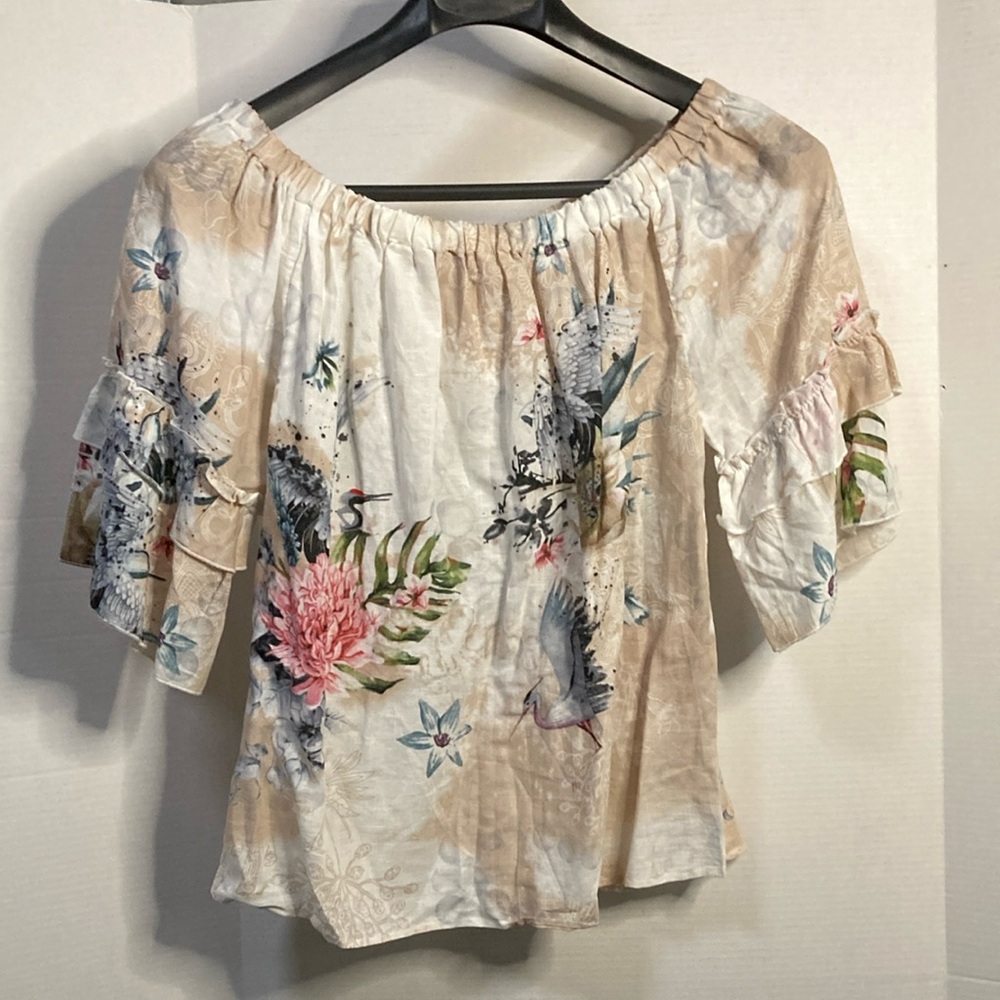 Tan Flutter Sleeve Ruffled Blouse